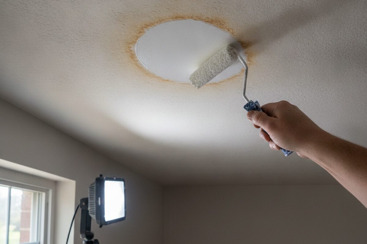 Ceiling stain being spot-primed with a small roller before the finish coat, showing the sealed patch against the older ceiling