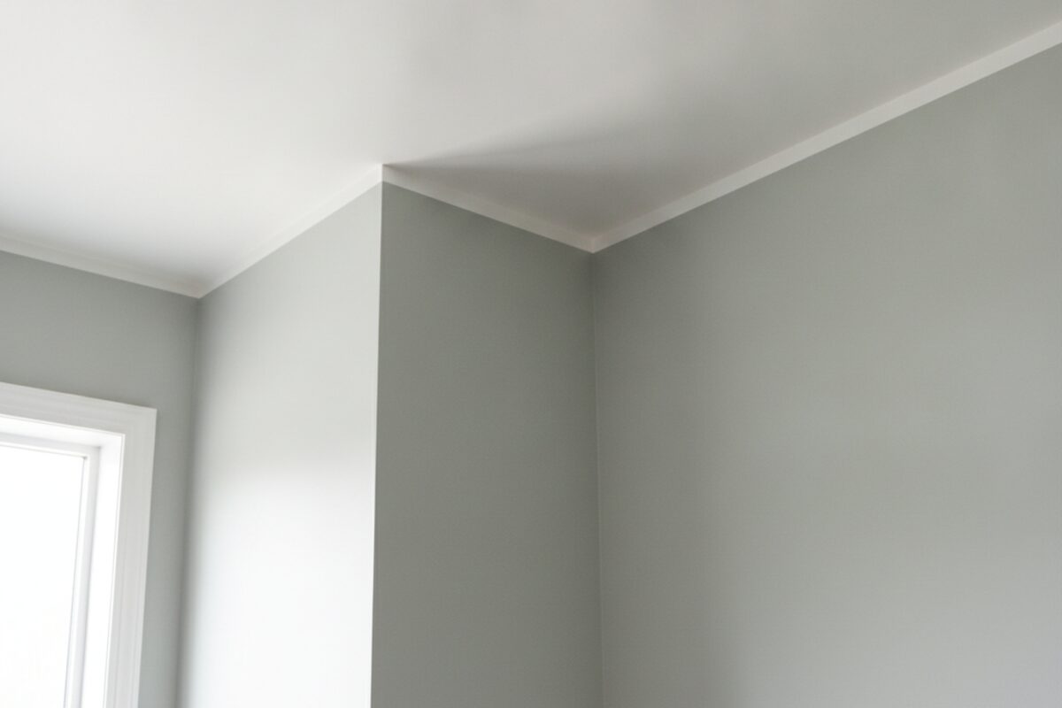 Freshly painted white ceiling meeting a newly painted wall in a bright Barrie living room with a clean cut line between them