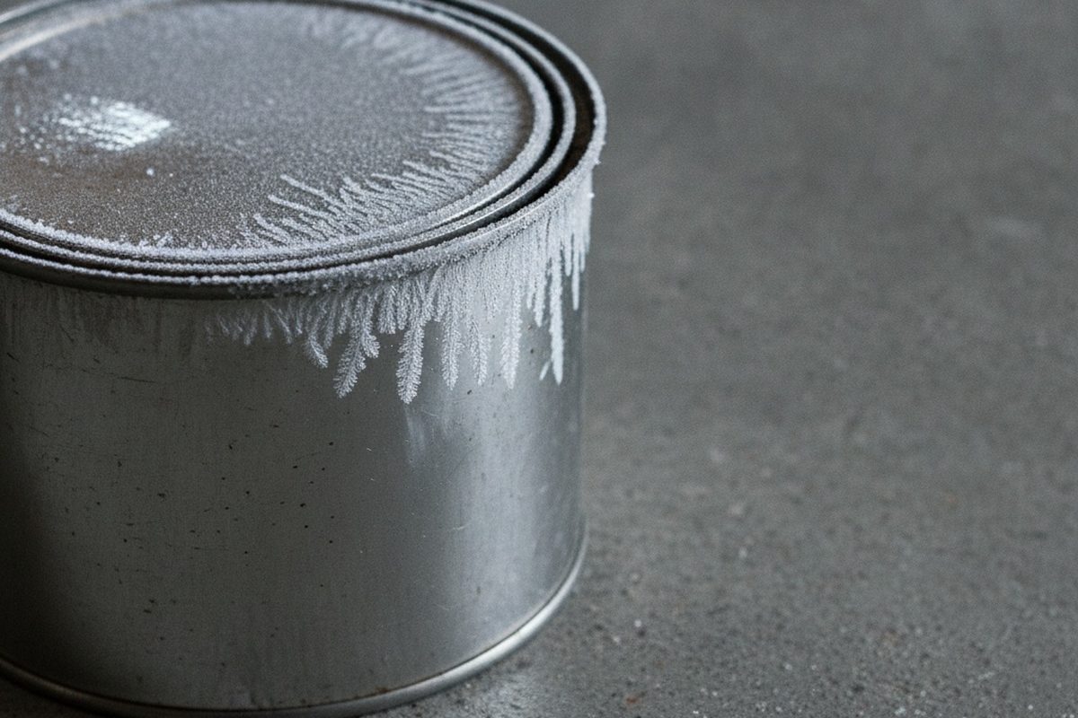 Frost forming on the lid and rim of a paint can left on a cold concrete garage floor