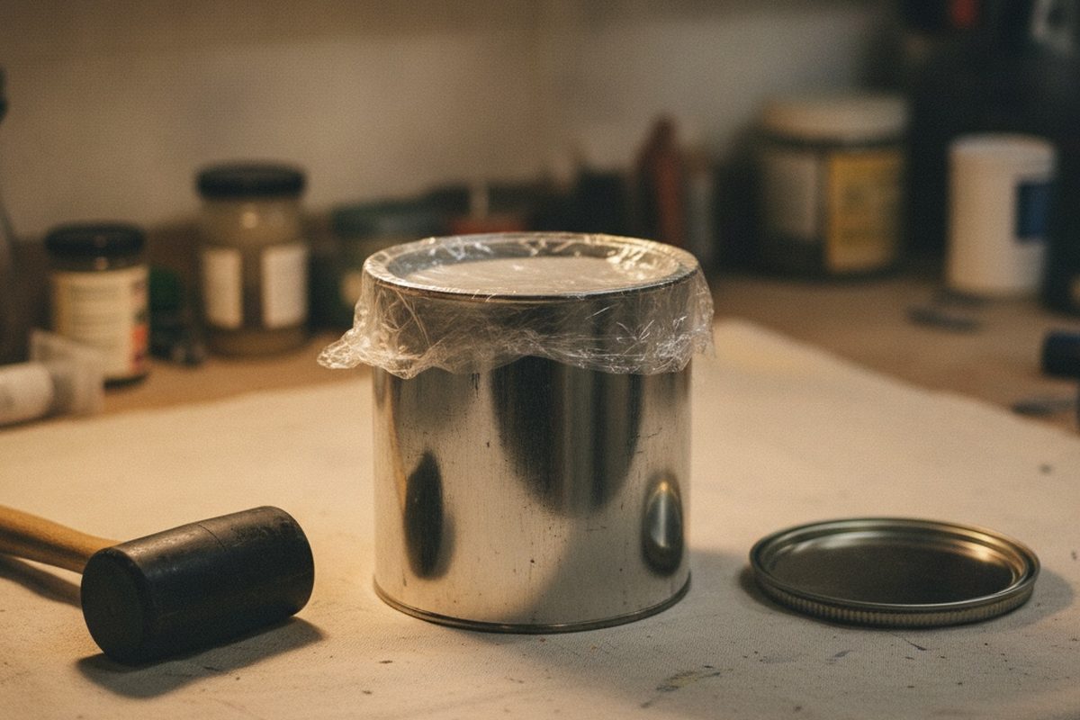 Plastic wrap stretched over an open paint can beside its lid and a rubber mallet on a workbench