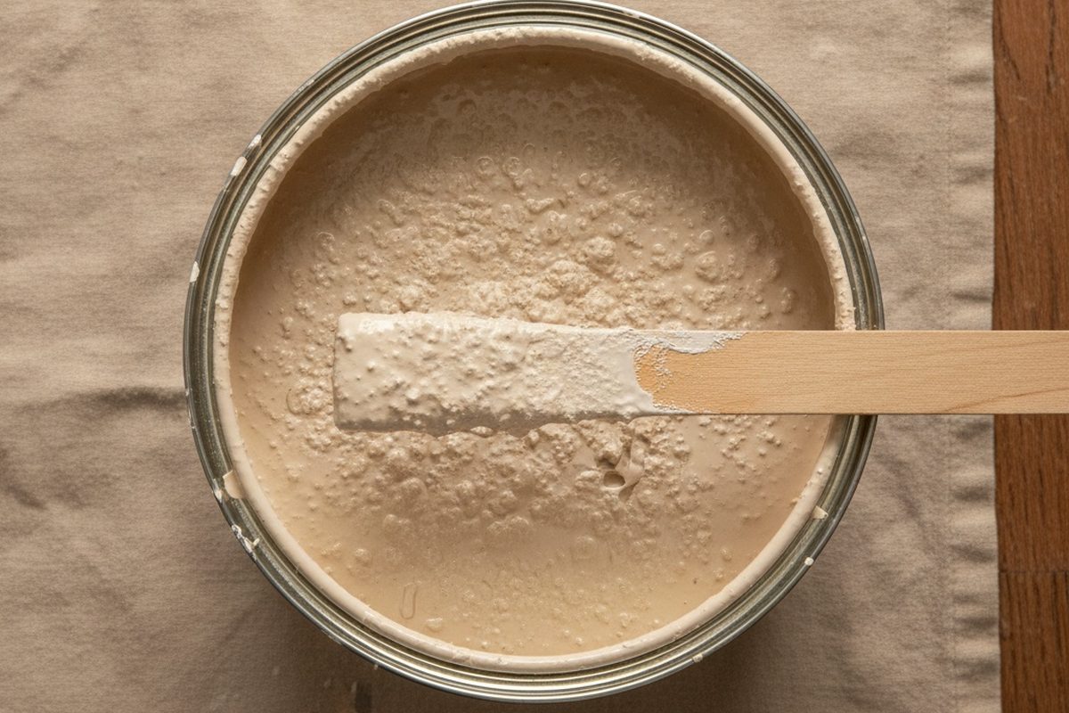Lumpy, curdled latex paint in an open can after freezing and thawing, with a paint-coated stir stick