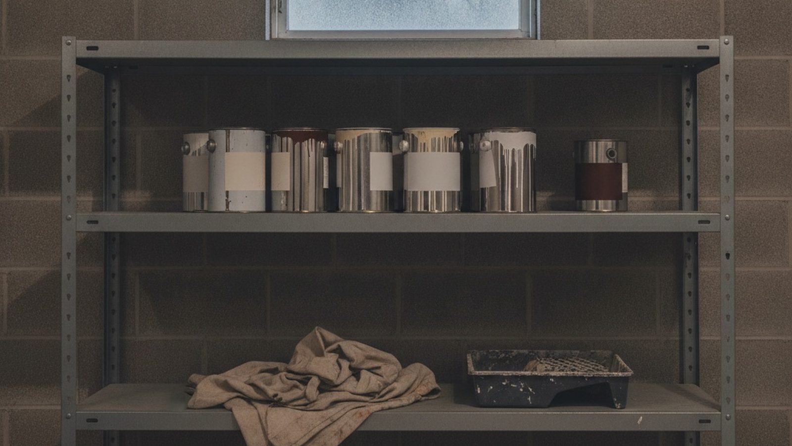 Partly used paint cans on a metal shelf in an unheated garage in late autumn, with frost on the small window above