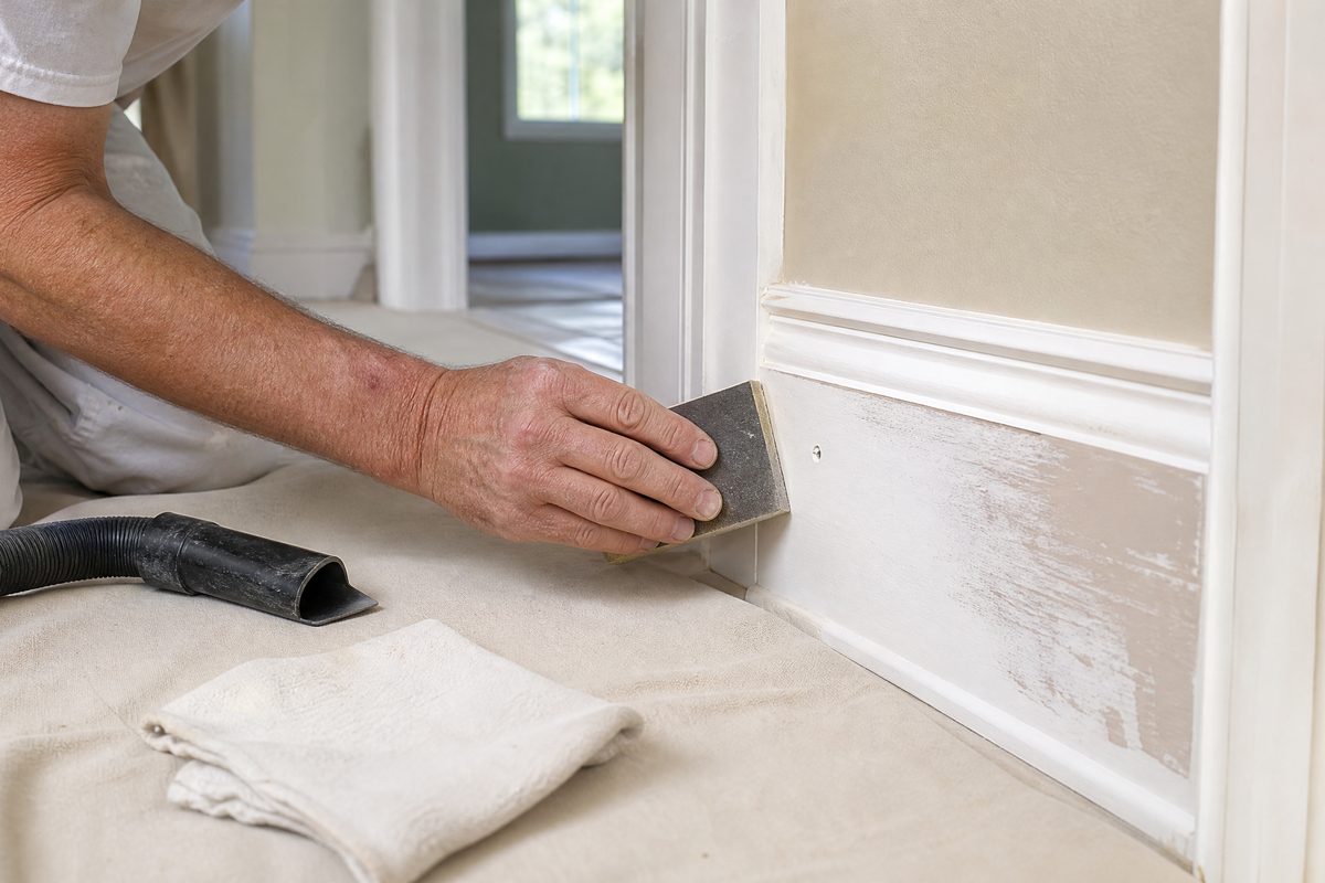 Professional painter sanding and vacuuming residential baseboard before trim painting in a Barrie home