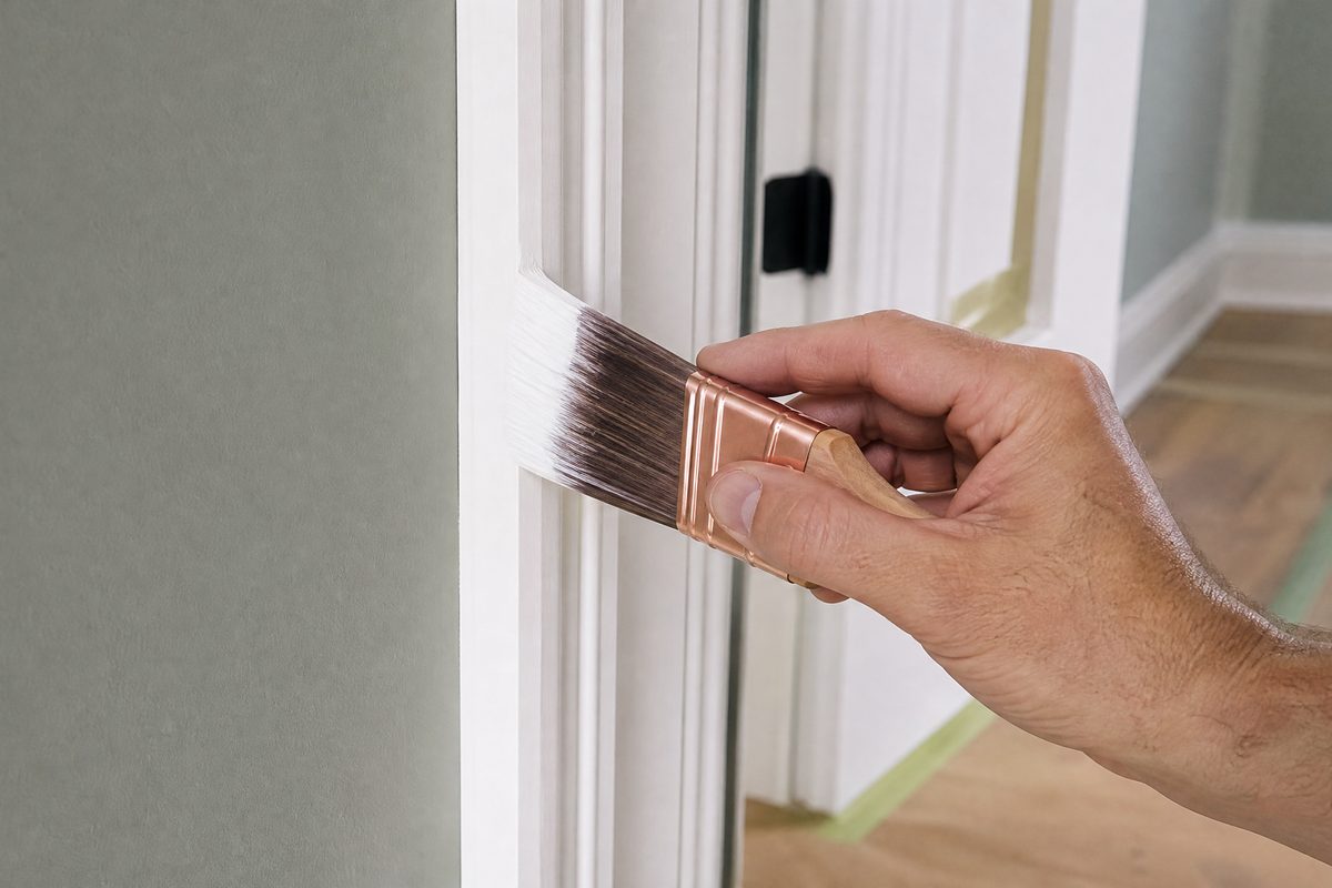 Angled sash brush applying smooth white enamel to interior door casing beside a grey-green wall