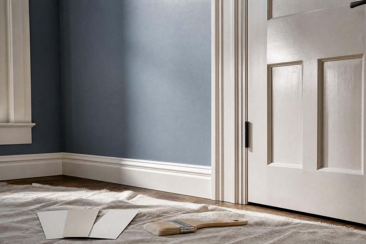 White satin baseboard and semi-gloss door casing beside a blue-grey wall showing different trim sheen reflections