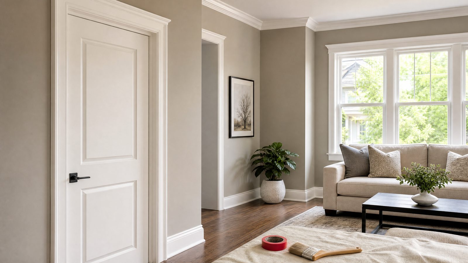 Finished Barrie living room with crisp white baseboards, window casing, crown moulding and painted interior doors
