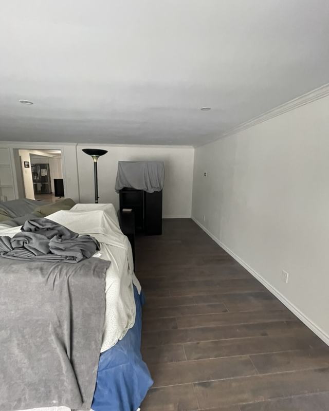 Empty open-plan room after an interior repaint, clean white walls, white baseboard and dark laminate flooring