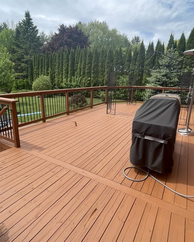 Large rear deck restained in a warm cedar tone with wood railing, covered barbecue and cedar hedge behind
