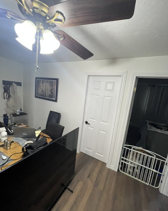Home office after painting with a ceiling fan, white door and casing, desk against a freshly finished wall