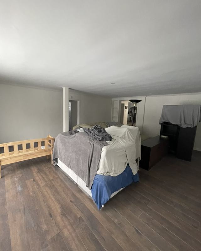 Basement bedroom after painting with light neutral walls, white ceiling and dark plank flooring